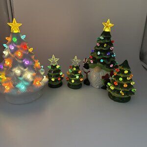 Ceramic Light Up Christmas Trees 2 Mini 1 Gnome 1 White All Work  Lot Of  5